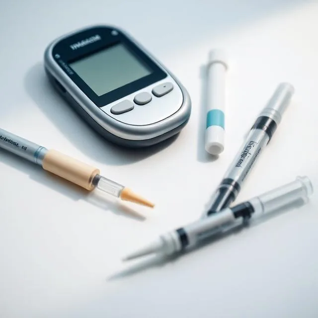 Diabetic supplies including glucose meter, test strips, and lancets