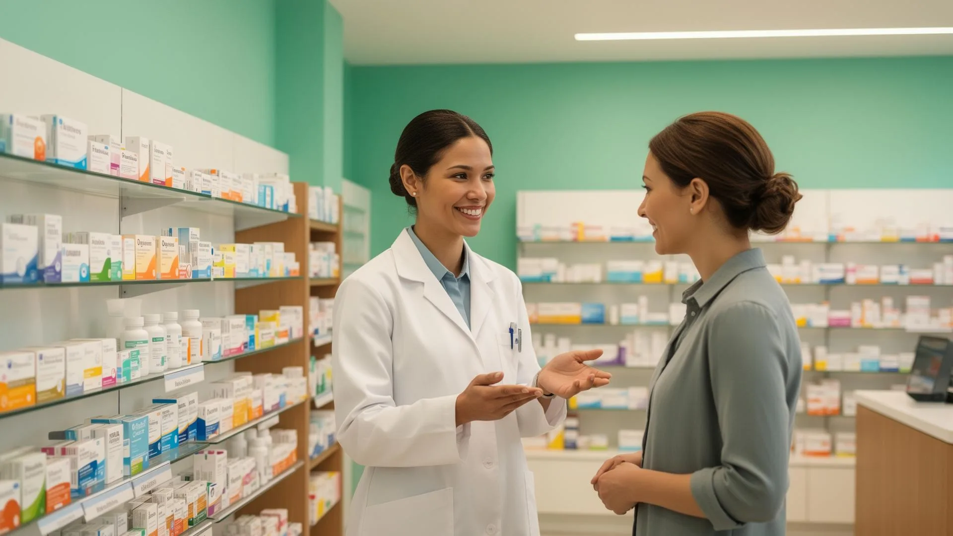 Modern pharmacy interior with professional pharmacist preparing prescriptions